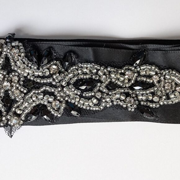 Embroidered satin Ribbon wraparound belt  black with stones, works for any size - Picture 4 of 4